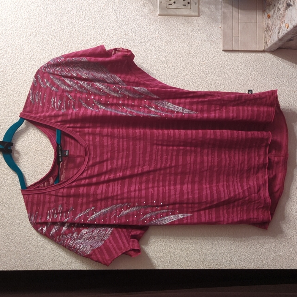 Magenta tee with studs, shimmer, burn out sheer